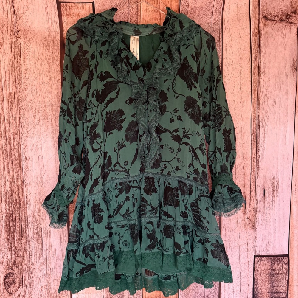 Anthropologie‎ Florence Balducci Dress Ruffle V-Neck Floral Tunic Green Boho XSP